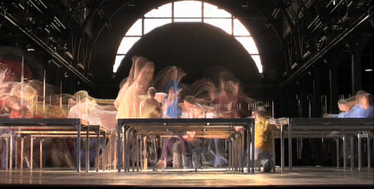 A shot of dancers performing in William Forsythe's One Flat Thing, reproduced.