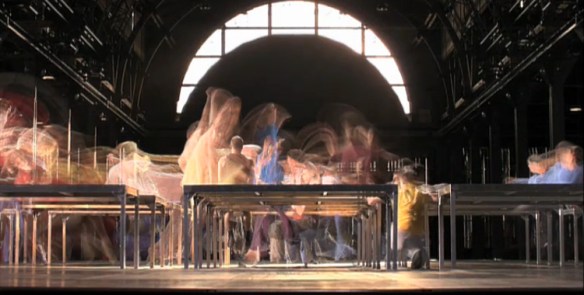 A shot of dancers performing in William Forsythe's One Flat Thing, reproduced.